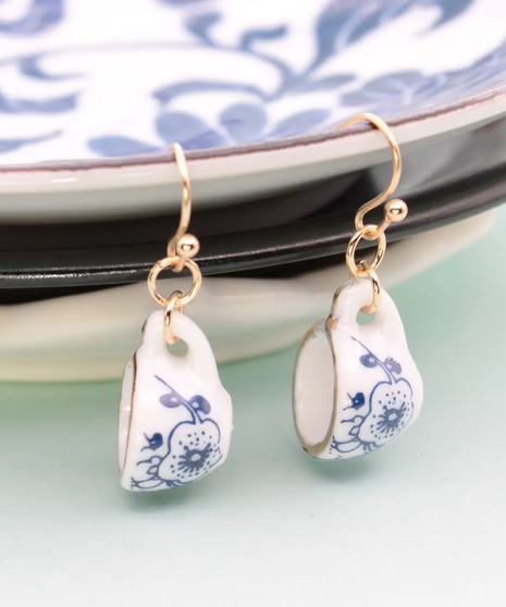Tea Time Pink Floral Teacup Gold Earrings