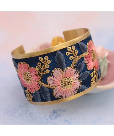 Vintage Pink Blue Embroidered Cuff Wrap Bracelet