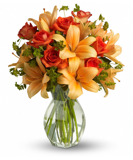 orange lilies and roses in fiery fall design