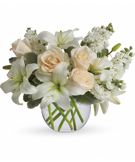 white and cream flowers in bubble bowl