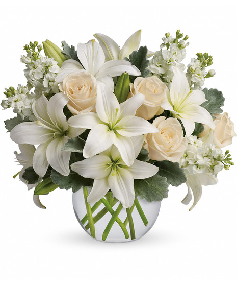 white and cream flowers in bubble bowl