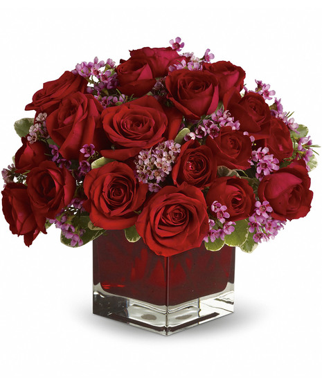 red roses with lavender accents