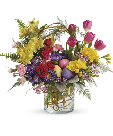 pastel spring arrangement with easter accents