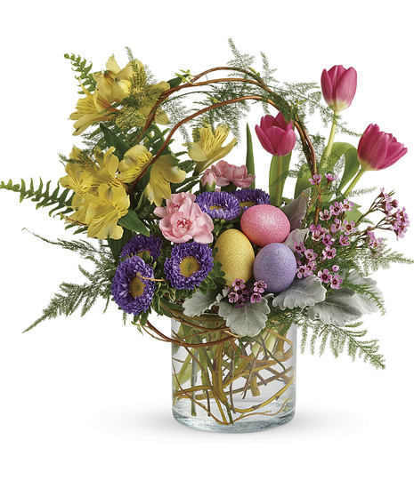 pastel spring arrangement with easter accents
