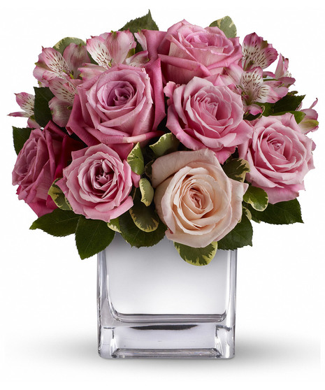 pink rose and alstroemeria arrangement in silver cube