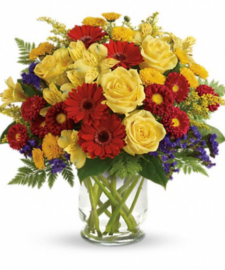 bright red, yellow, and purple classic flower arrangement