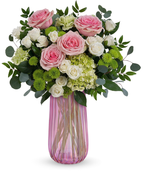 pink spring arrangement in iridescent pink vase