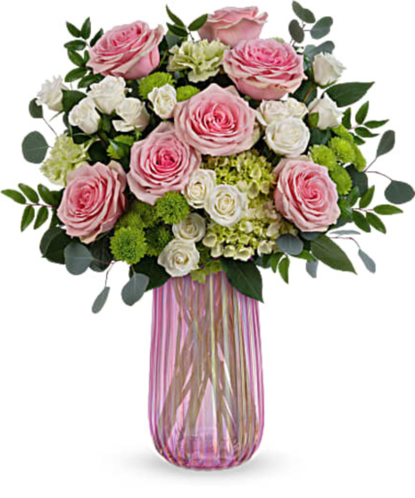 pink spring arrangement in iridescent pink vase