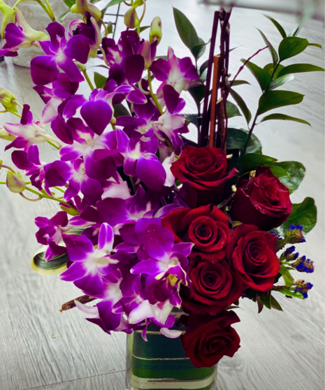 Orchids, Roses, Glass Vase 