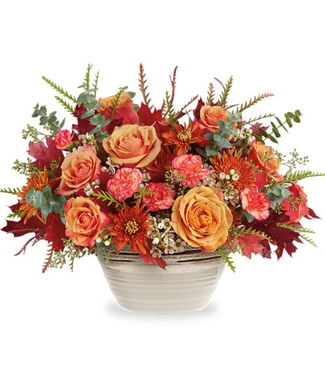 rustic fall flowers in stonewar bowl