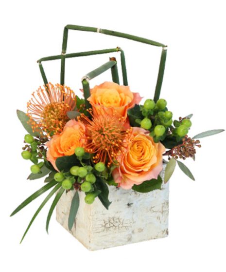 orange roses and protea in modern arrangement