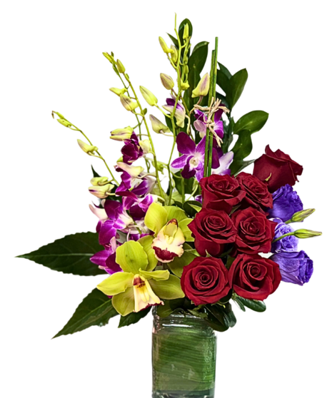 Orchids, Roses, Glass Vase 