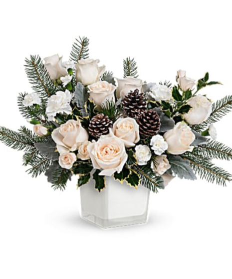 white snow holiday bouquet in square container